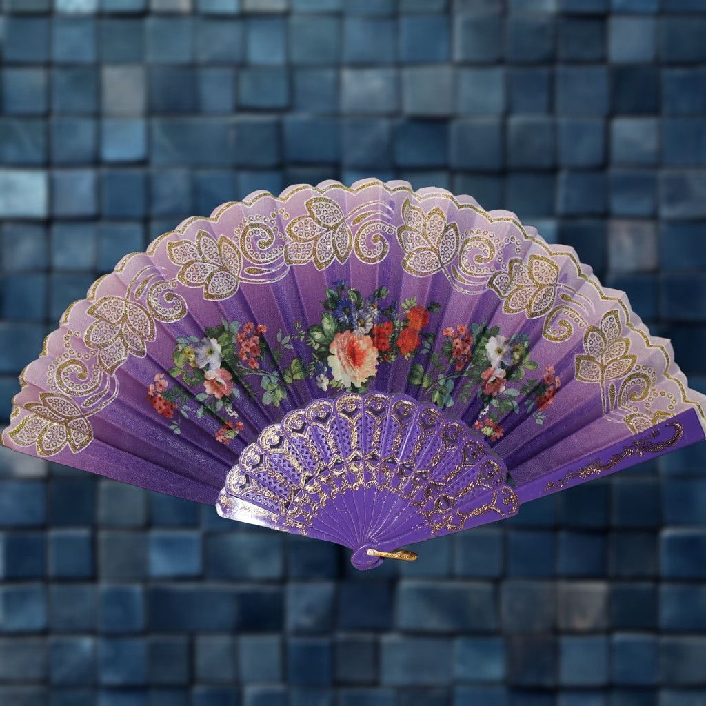 Vintage VINTAGE Hand Fan Purple Flower Design Small 16" Open 9" Closed D3 Women’s? (Note: Original says Unbranded, hand fan with flowers, small) Size ONE SIZE - 1 Thumbnail