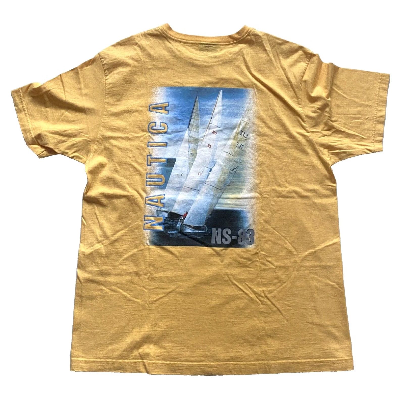 Nautica Nautica NS-83 Men's Vintage 90s T-shirt Double-Sided Crew Neck 100% Cotton Sz L Made in Canada Yellow Sailign Pattern Graphic Print Shirt Ladies? Size US L / EU 52-54 / 3 - 2 Thumbnail
