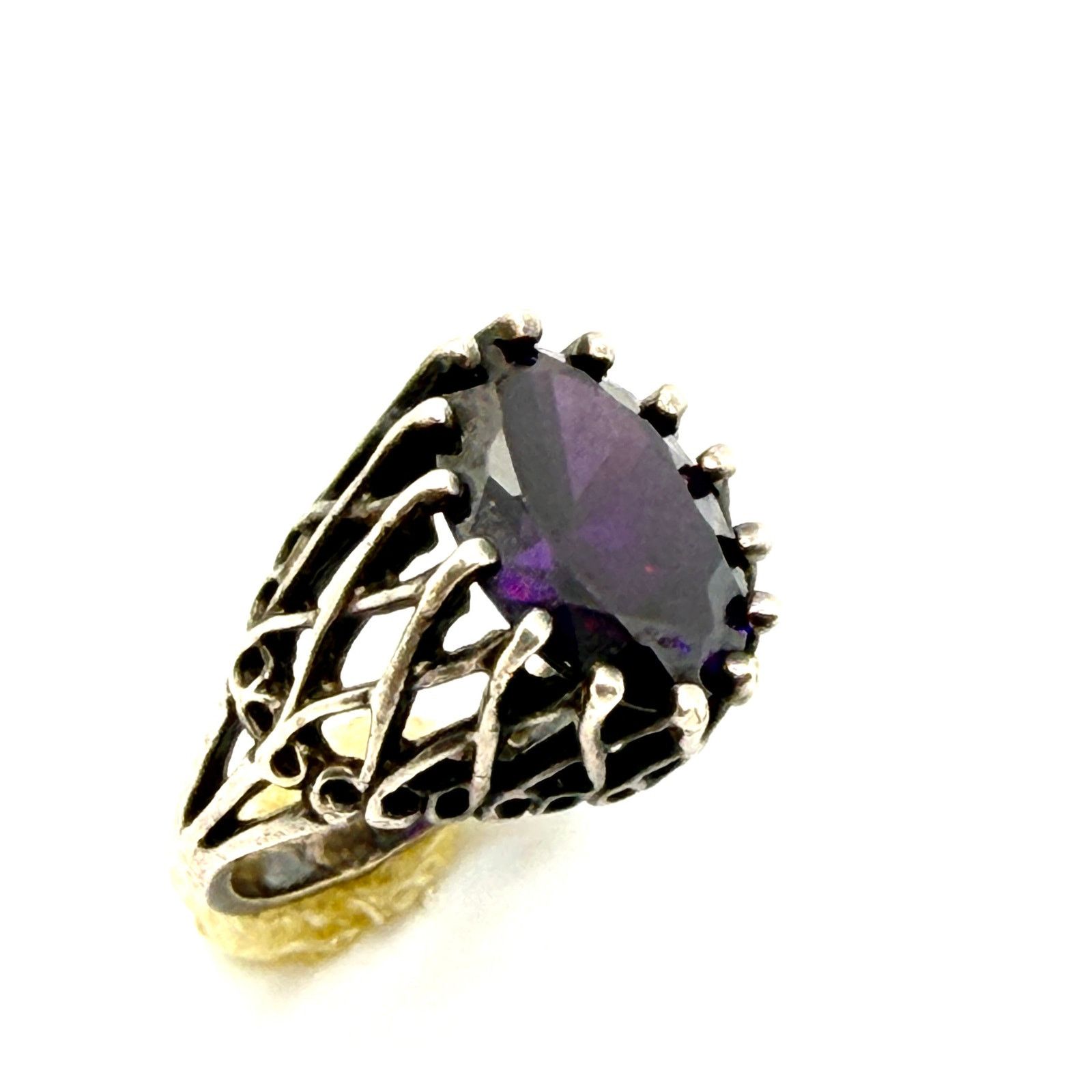 Handmade Vintage 70s Sterling Silver Amethyst Filigree Statement Ring Size ONE SIZE - 3 Thumbnail