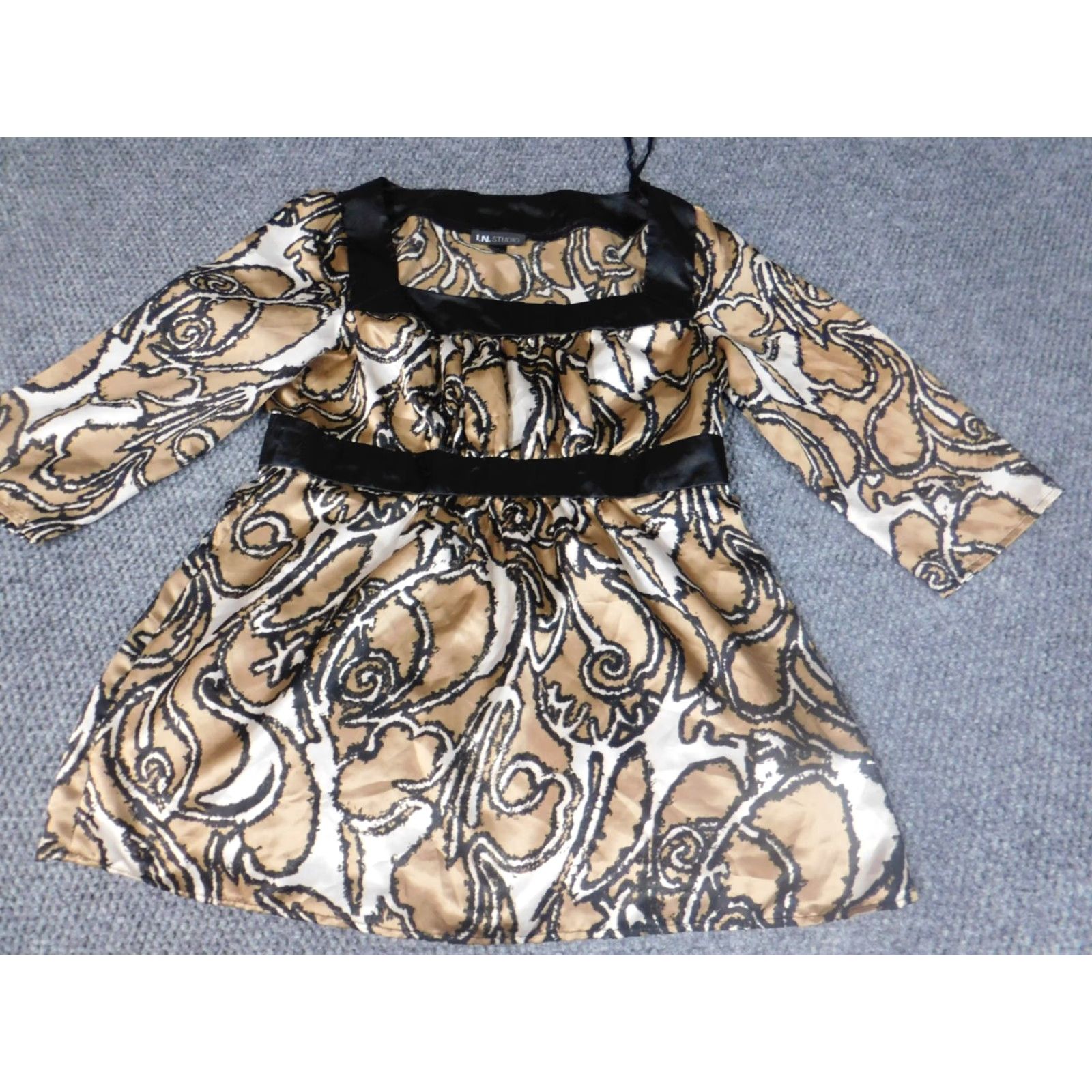Vintage I.N. Studio Womens Blouse M Regular Brown Floral 3/4 Sleeve Round Neck Pullover Stretch Size M / US 6-8 / IT 42-44 - 3 Thumbnail