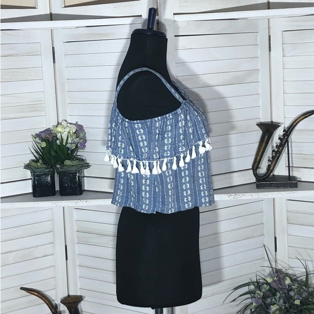 Vintage Y2K crop top boho blue white fringes embroidered ruffled S Size S / US 4 / IT 40 - 3 Thumbnail