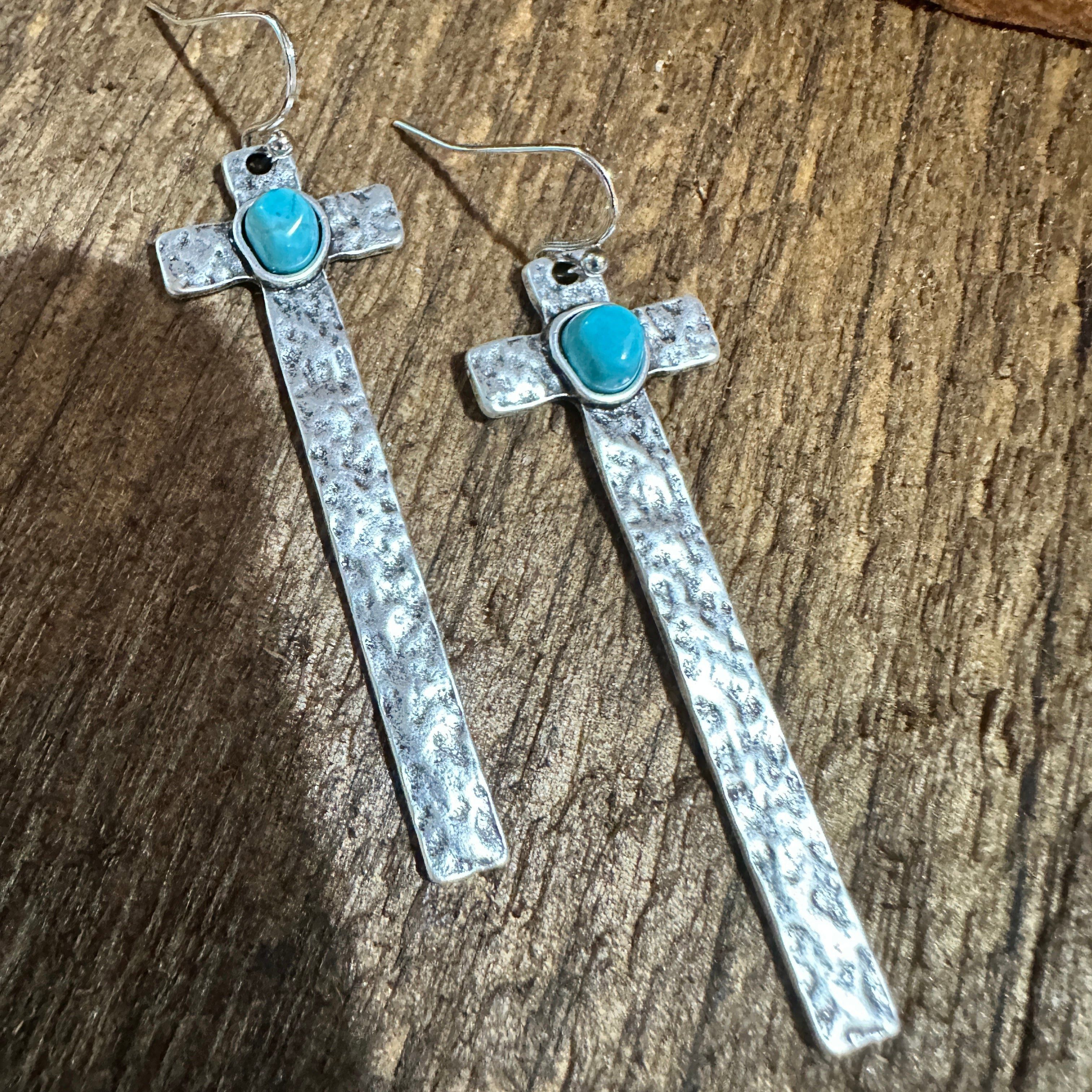 Other Cross Turquoise Earrings with Hammered Design, Southwestern Size ONE SIZE - 3 Thumbnail