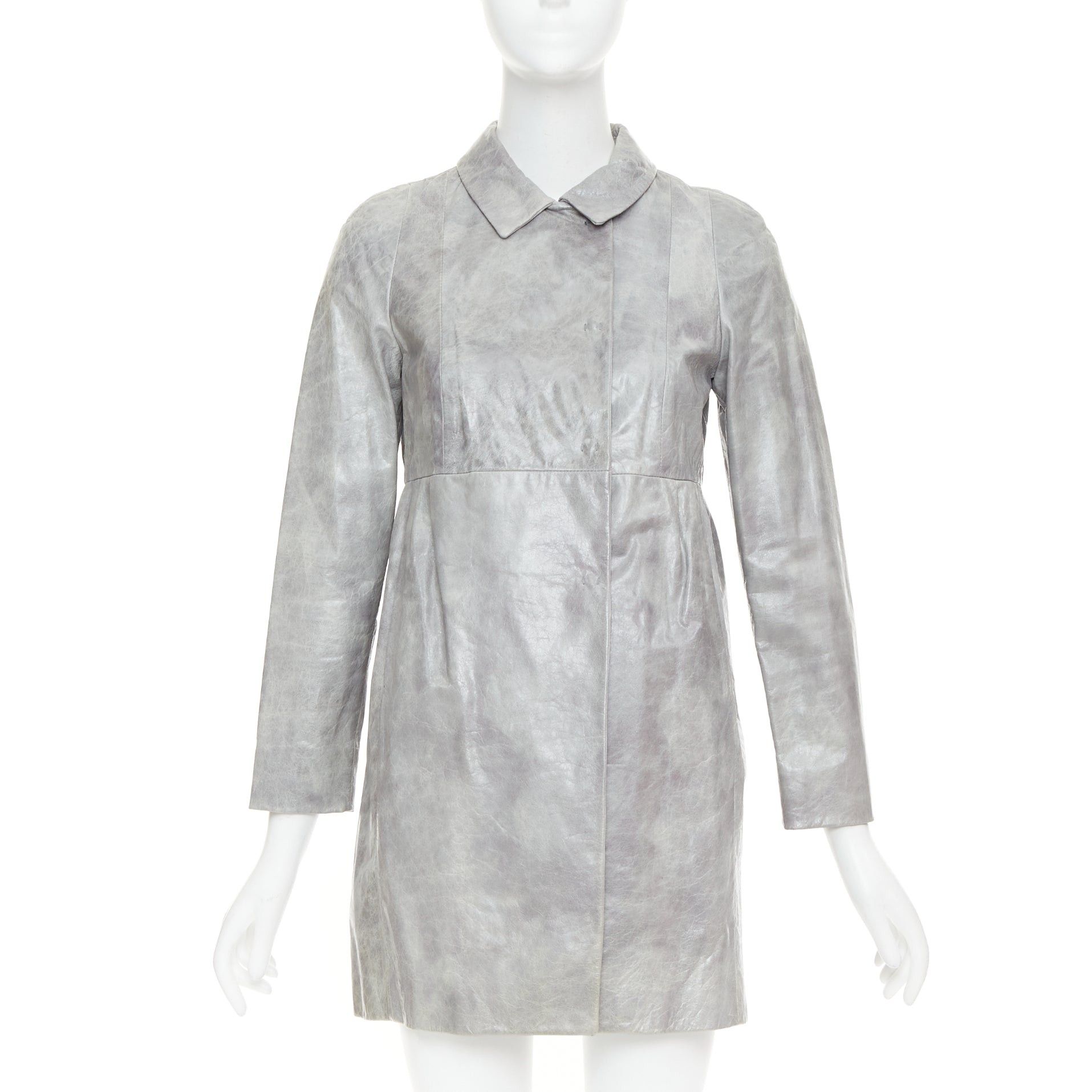 Miu Miu MIU MIU 2007 grey crackled lambskin leather A-line long coat IT38 XS Size XS / US 0-2 / IT 36-38 - 1 Thumbnail