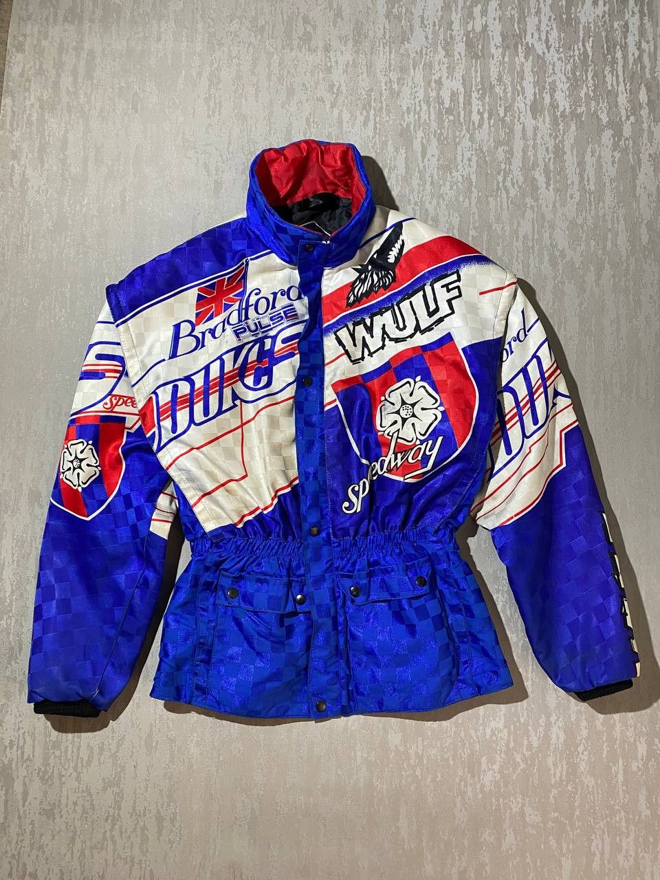 image of Vintage Moto Jacket Signed Bradford Dukes Wulf Speedway in Blue, Men's (Size Medium)