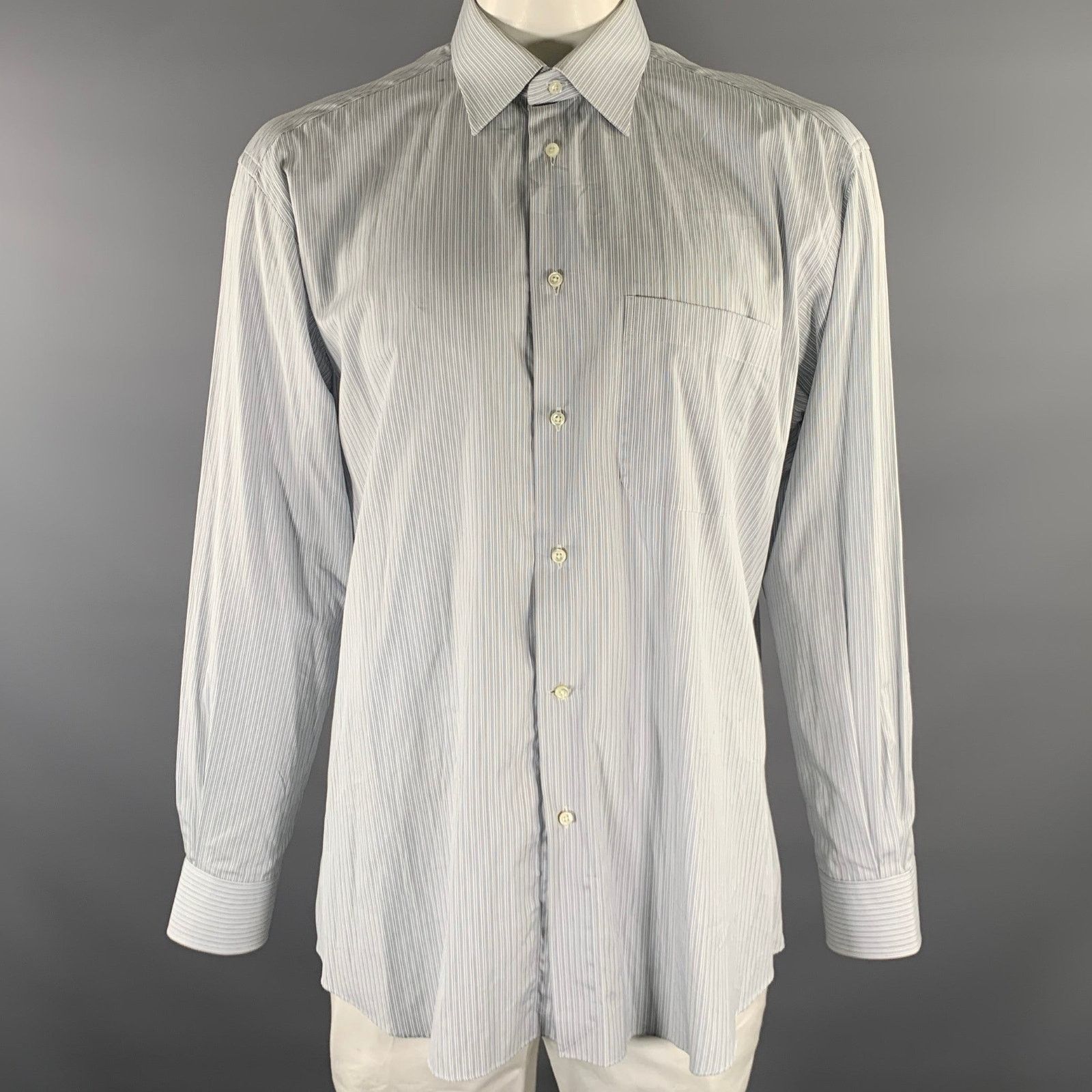 Ermenegildo Zegna ERMENEGILDO ZEGNA XL Grey White Stripe Cotton LS Shirt Size US XL / EU 56 / 4 - 1 Thumbnail