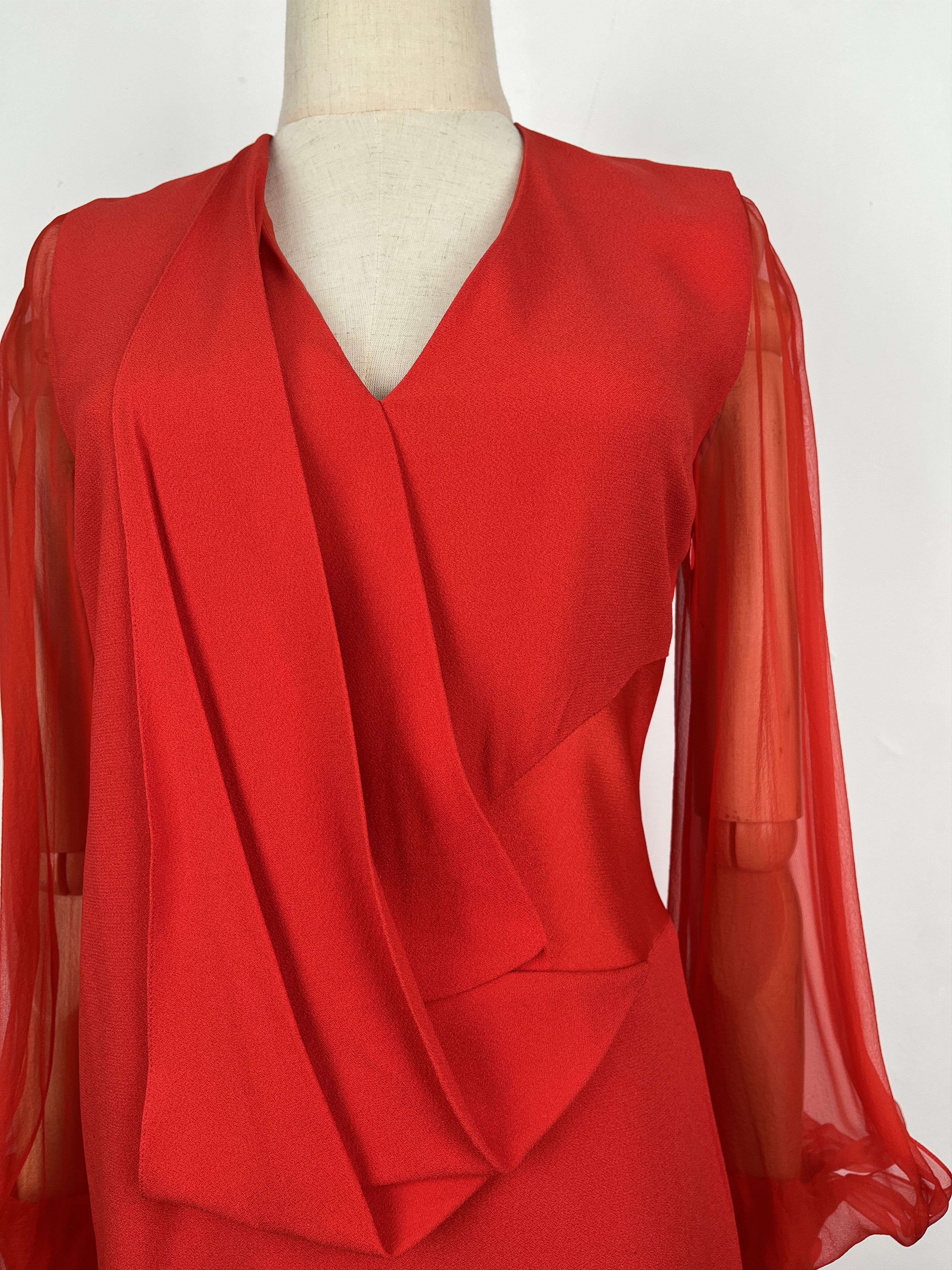 Valentino Lanvin Red Sheer And Open Long Sleeves Draped Long Dress Size XXS / US 00 / IT 34 - 6 Thumbnail