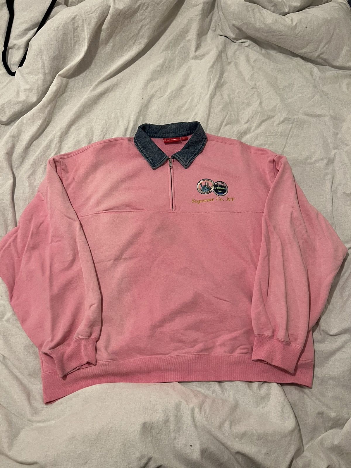 Supreme Supreme Denim Collar Half Zip Sweatshirt (Pink) Size US L / EU 52-54 / 3 - 2 Thumbnail