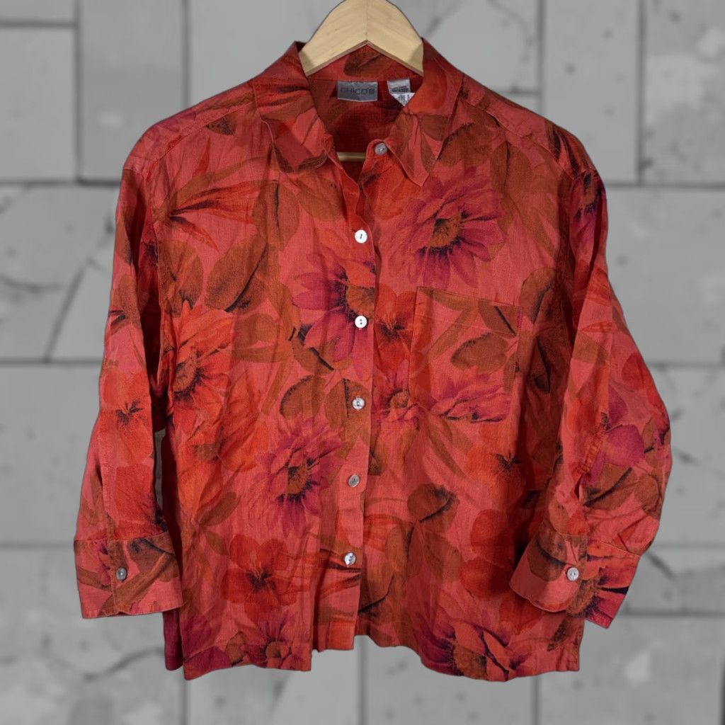 Vintage Chicos 100% Linen Red Floral Shirt Womens Size 1, Button-Up, Regular, Floral, Linen, Red, Women, 0 Size XS / US 0-2 / IT 36-38 - 1 Thumbnail