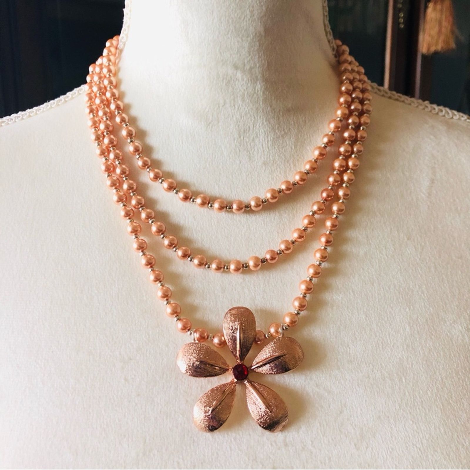 Handmade Handcrafted triple strand Czech Pearl genuine ruby neckla Size ONE SIZE - 2 Thumbnail
