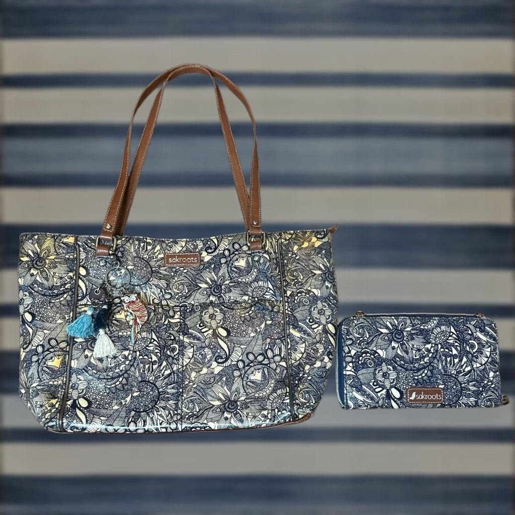 Vintage Sakroots Spirit Metro Tote Bag W/Wallet Owl Keychain Women Purse Floral Navy Tote U.S. Adults Women Ladies (not valid) Size ONE SIZE - 1 Thumbnail
