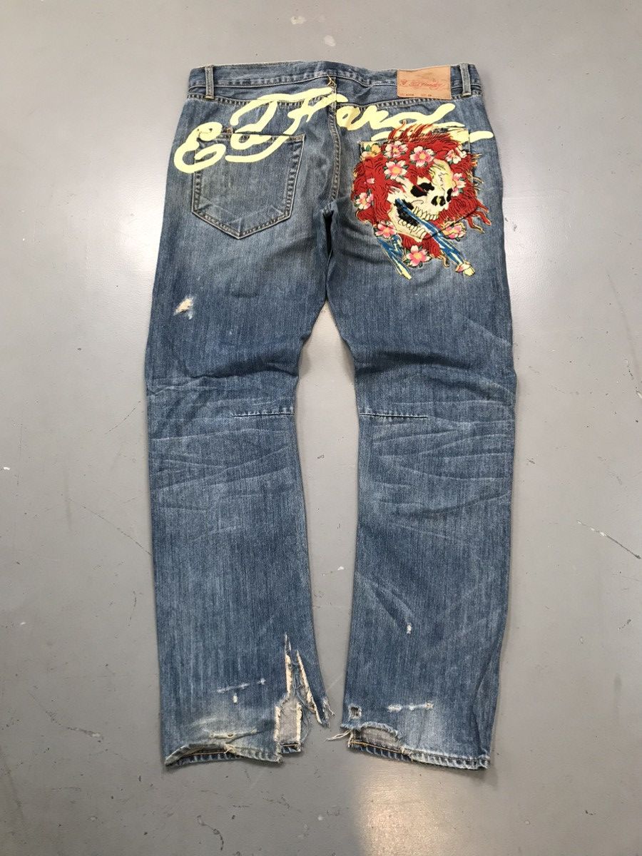 Christian Audigier × Ed Hardy × Vintage Vintage Edhardy distressed skull 💀 embroidered denim Size US 41 - 1 Thumbnail