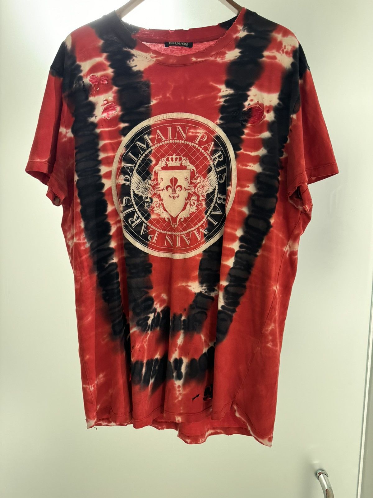 Balmain Balmain Red Tie Dye Distressed Logo T Shirt Grailed