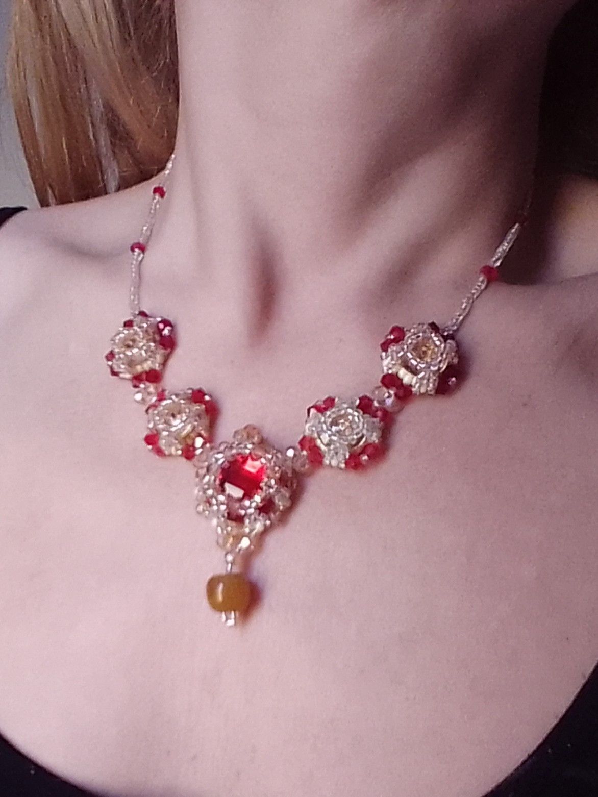 Handmade Necklace Zircons Red amber with naturale jade gemstone Size ONE SIZE - 5 Thumbnail