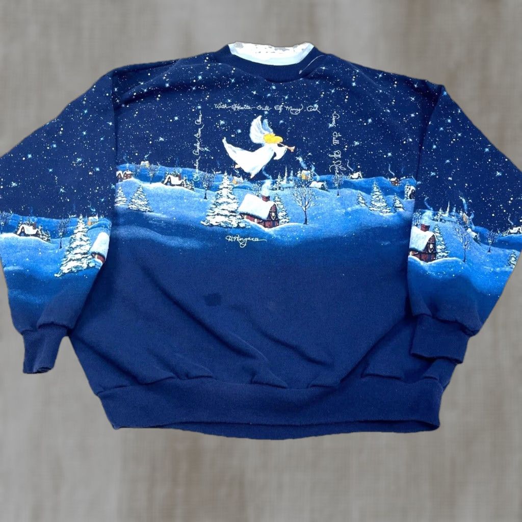 Vintage VINTAGE Christmas Sweater Women Large Crew Neck Sweatshirt AOP Angel Snow Scene Size L / US 10 / IT 46 - 1 Thumbnail