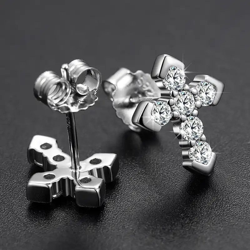 Sterling Silver Moissanite Cross Trend Design Cross Stud Religion Earring Size ONE SIZE - 6 Thumbnail