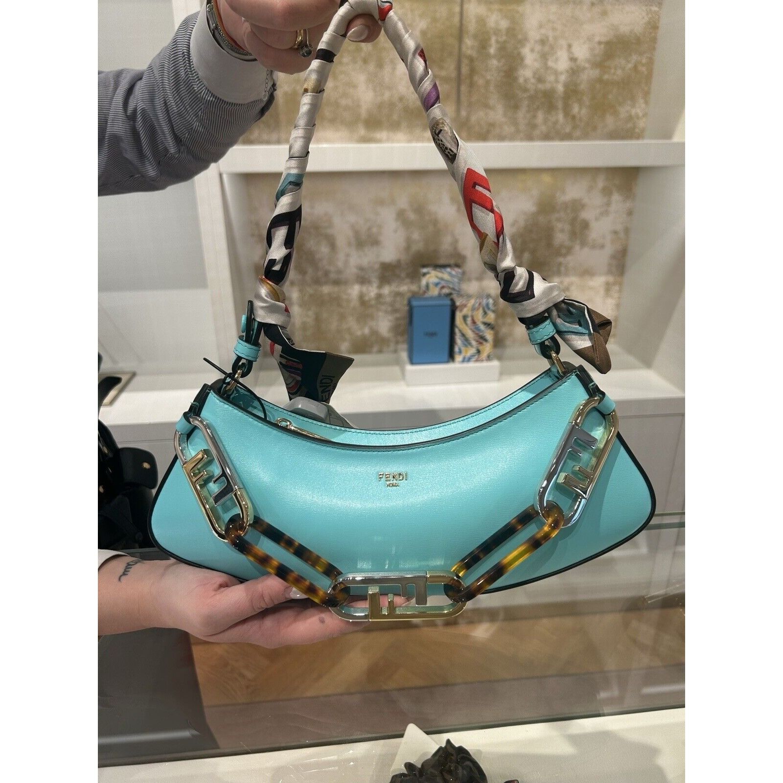 Fendi FENDI TIFFANY BLUE O’LOCK BAGUETTE LEATHER HOBO HANDBAG W BA Size ONE SIZE - 1 Thumbnail