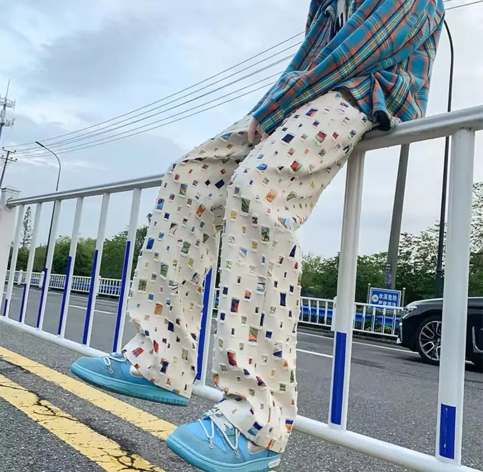 Japanese Brand Streetwear Design Colored Hip Hop Hole Pants Size US 30 / EU 46 - 4 Thumbnail