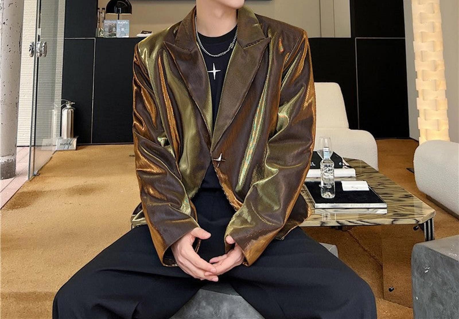 Japanese Brand Men's Shiny Colorblock Blazer, Slim Fit Jacket Size 38R - 4 Thumbnail