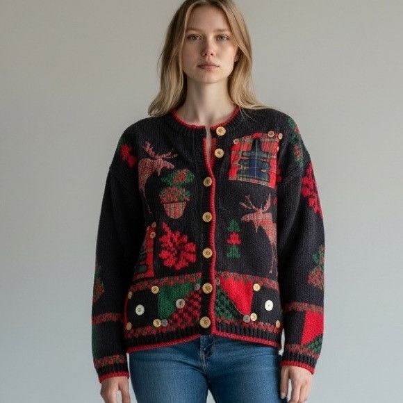 Vintage Vintage Bridgewater Women's Festive Navy and Red Sweater Car Size M / US 6-8 / IT 42-44 - 1 Thumbnail