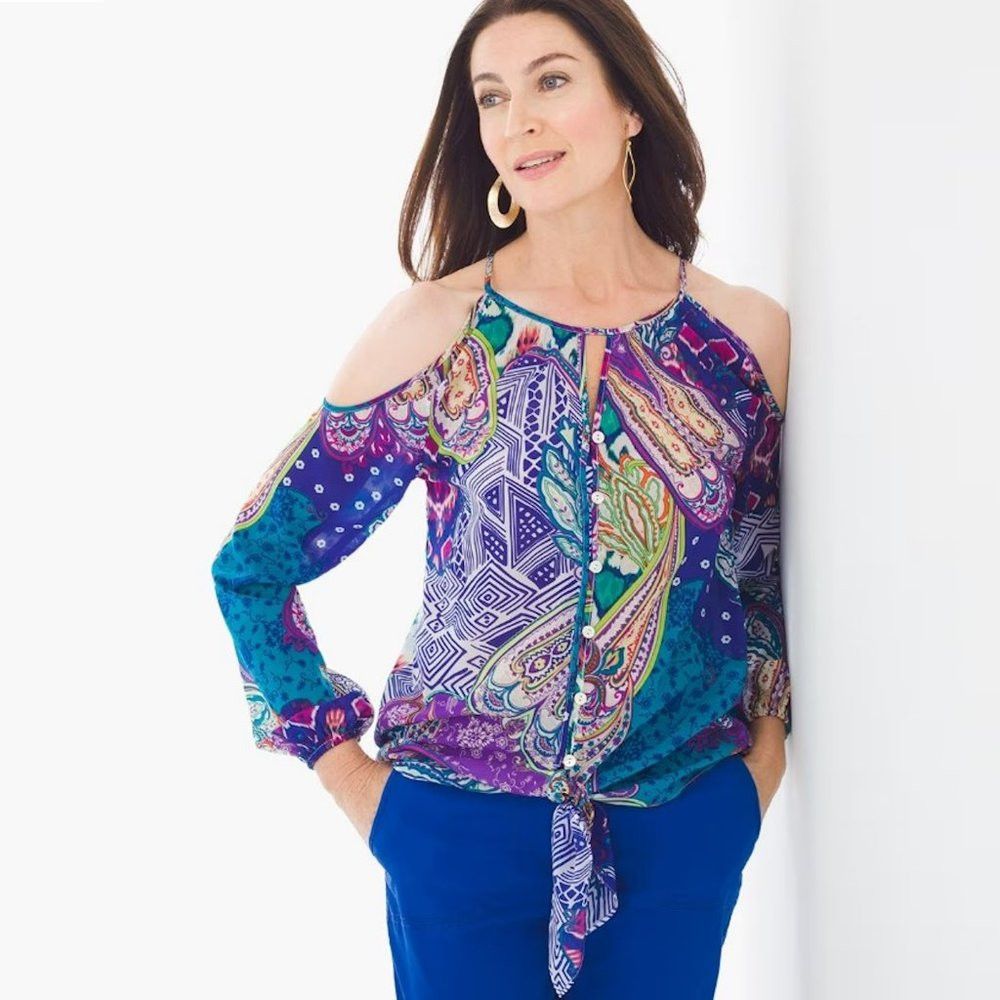 Chicos New Chico's Whimsy Cold-Shoulder Tie-Front Top Size 0 US S Size S / US 4 / IT 40 - 1 Thumbnail