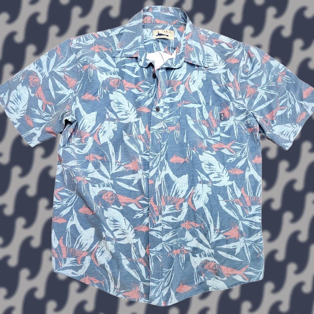Vintage HUK Shirt Mens M Teal Button-Down Short Sleeve Fish Print Size US M / EU 48-50 / 2 - 1 Thumbnail