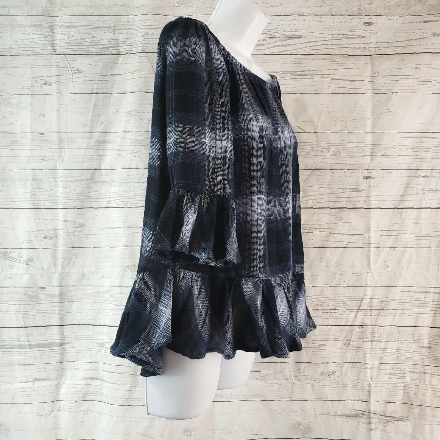Vintage Beach Lunch Lounge Womens Blouse Off The Shoulder Top Sz M Blue Plaid Rayon 3/4 Sleeve Shirt Casual Womens Size M / US 6-8 / IT 42-44 - 3 Thumbnail