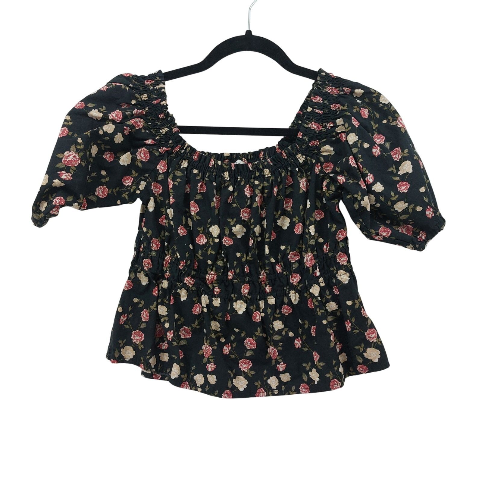 Other Celebrity Pink Floral Puff Sleeve Black Top Smocked Size L Size L / US 10 / IT 46 - 1 Thumbnail