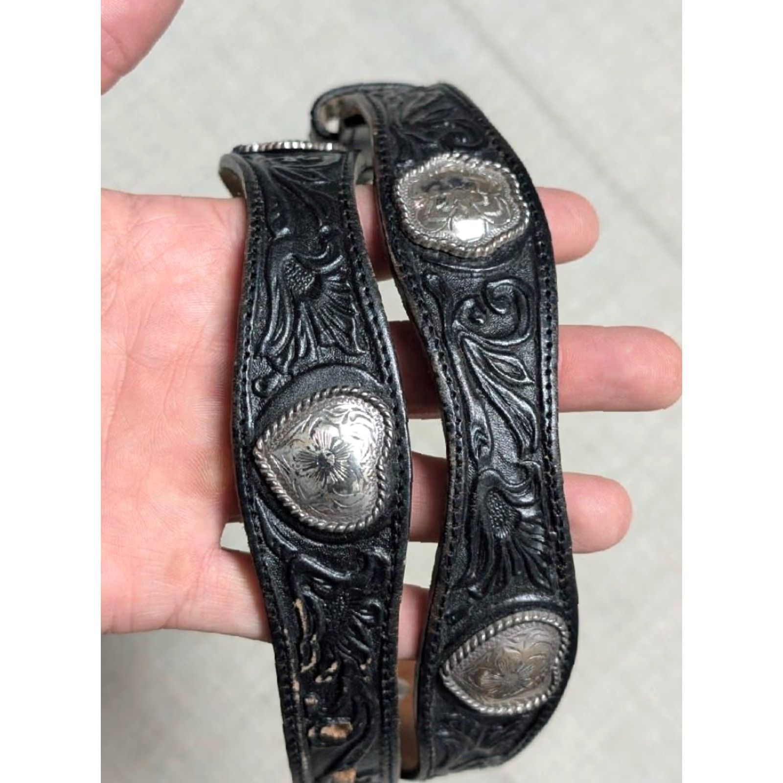Tony Lama VINTAGE Tony Lama Western Belt Unisex Adults 30 Leather Tooled Concho Hearts Southwestern Black Belt 1-3/8" USA Made Size 30 - 4 Thumbnail