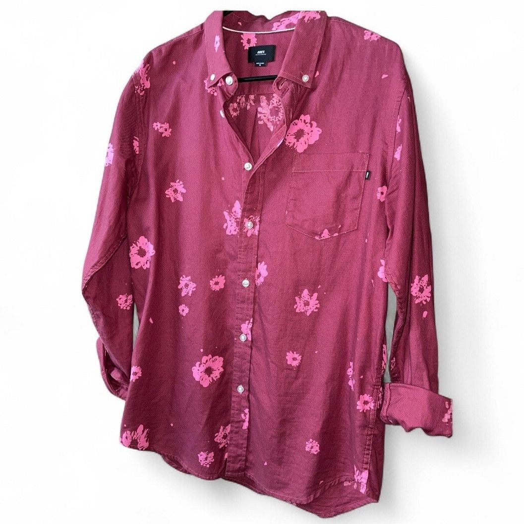 Obey Obey Oh Daisy Burgundy Woven Button Down Shirt size Medium Size US M / EU 48-50 / 2 - 2 Thumbnail