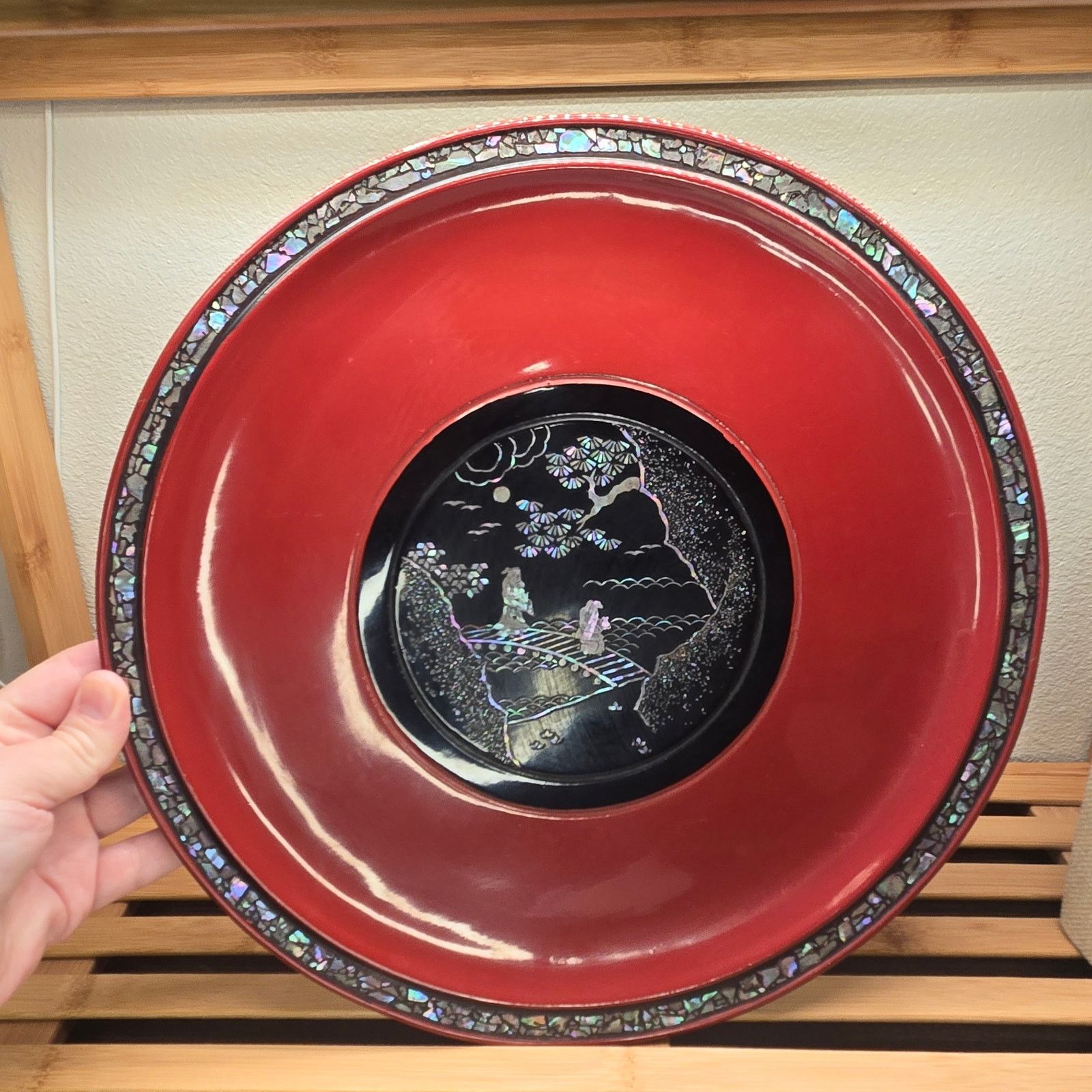 Vintage Antique Japanese Ryukyuan Lacquerware Plate Mother of Pearl Size 26 - 3 Thumbnail
