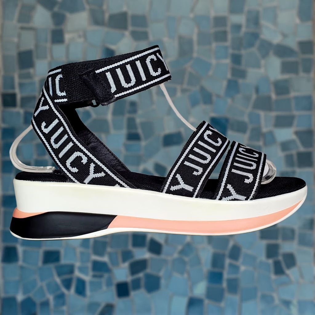 Juicy Couture Juicy Couture Impulse Wedge Sandals Strappy Ankle Black White Logo Women's US 7 Size US 7 / IT 37 - 1 Thumbnail