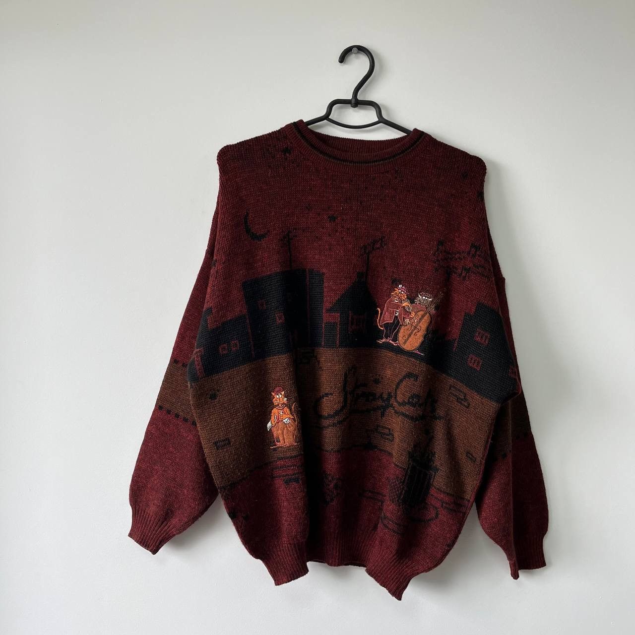 Vintage JAZZ CATS SWEATER- Vintage Novelty Pullover 80s 90s Winter Size US L / EU 52-54 / 3 - 1 Thumbnail