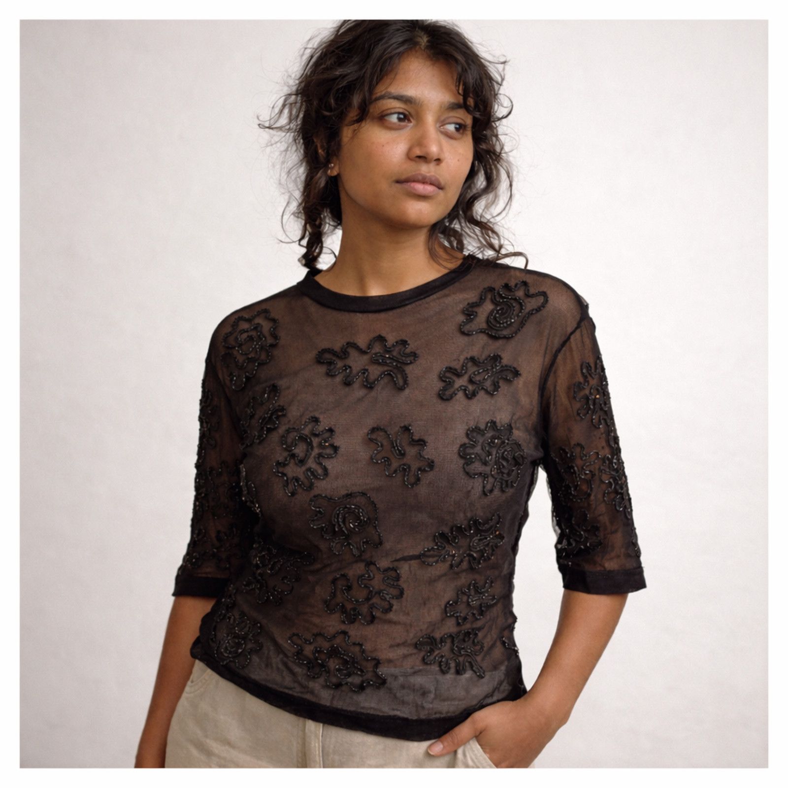 Vivienne Tam Vintage Vivienne Tam Sheer Beaded Top Womens Size 3 S Black Size S / US 4 / IT 40 - 2 Thumbnail