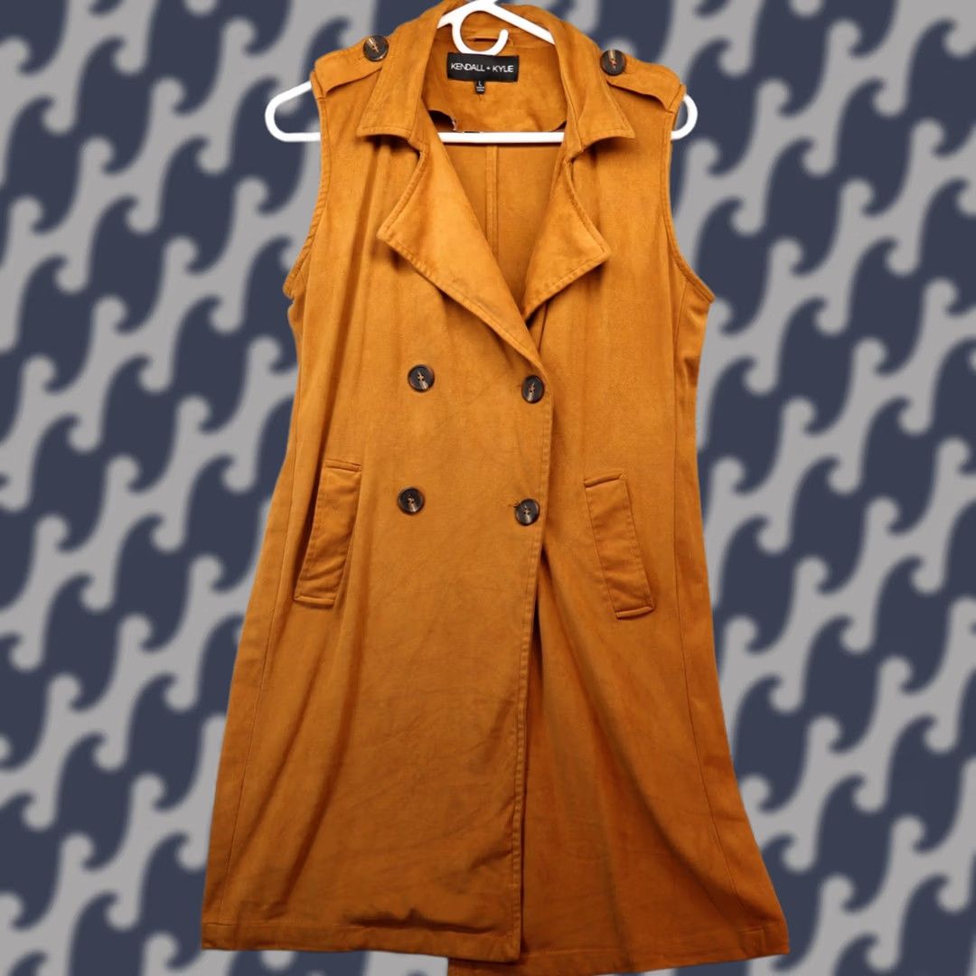 Vintage Kendall + Kylie Women Long Jacket Vest Orange Velour Button L Size L / US 10 / IT 46 - 1 Thumbnail