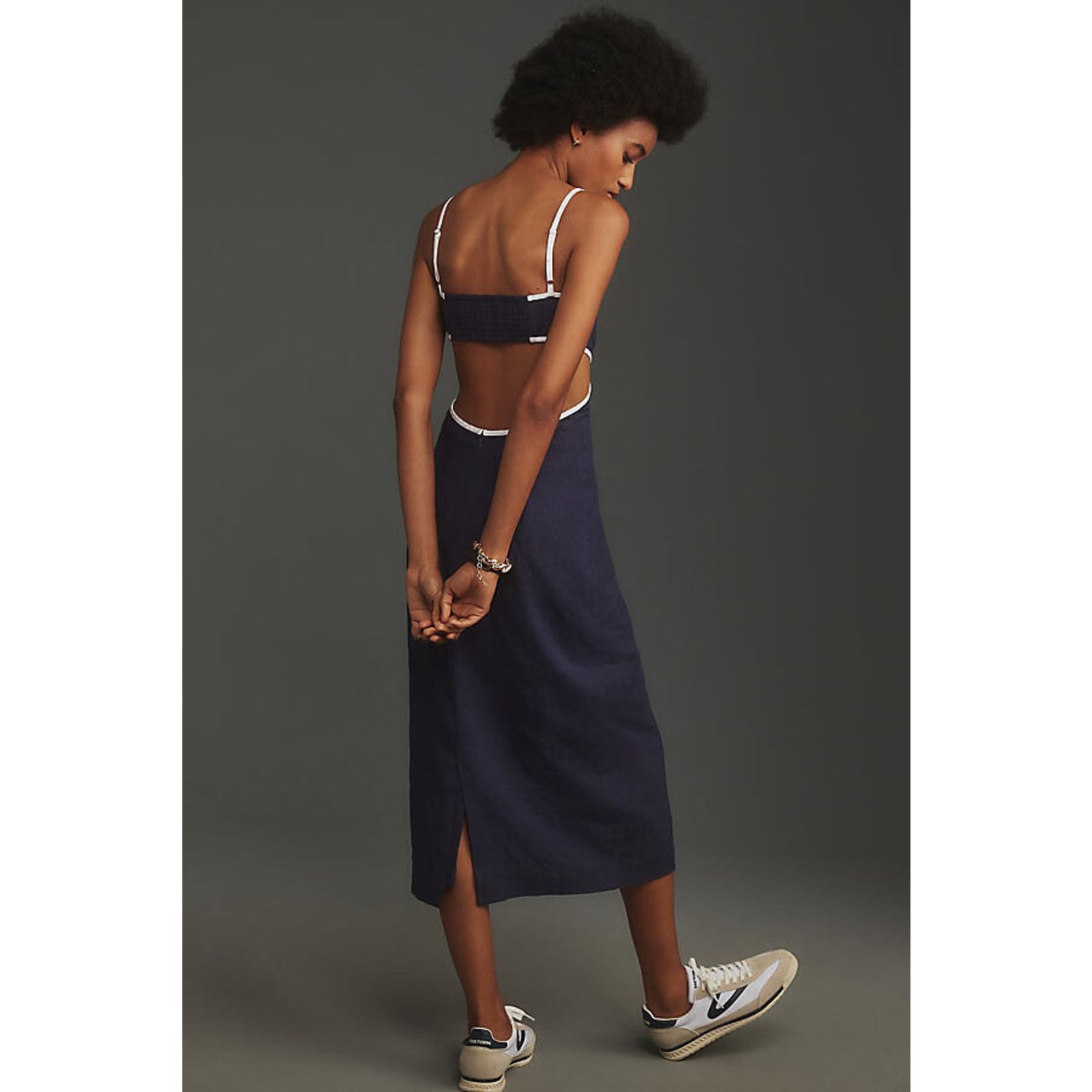 Anthropologie NWT Maeve Dafni Cutout Linen Midi Dress $168 X-LARGE Navy Size XL / US 12-14 / IT 48-50 - 5 Thumbnail