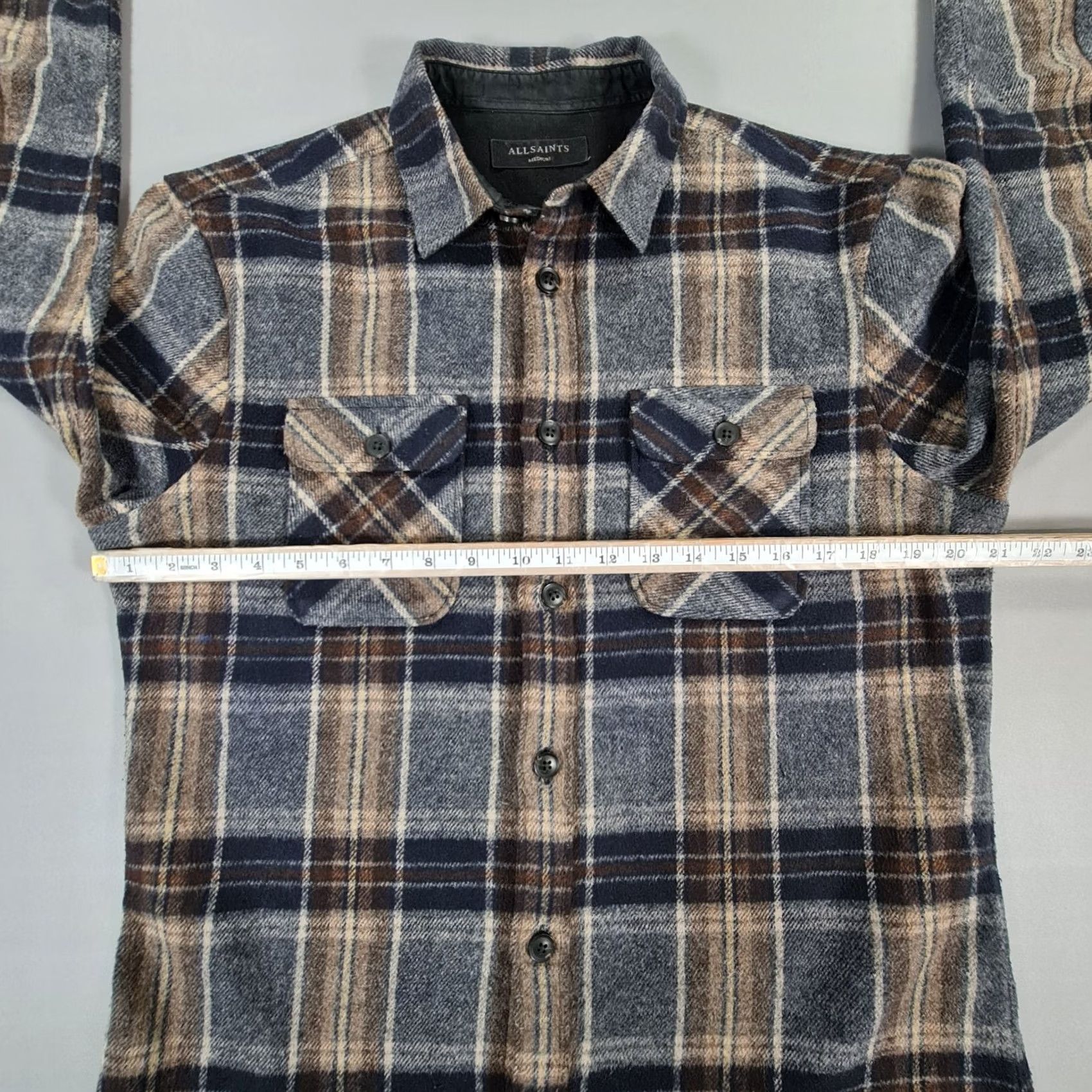 Allsaints AllSaints Mens Shirt Grey Brown Flannel Plaid Tartan Lansford M Medium Button-Up Pocketed Regular Fit Size US M / EU 48-50 / 2 - 6 Thumbnail