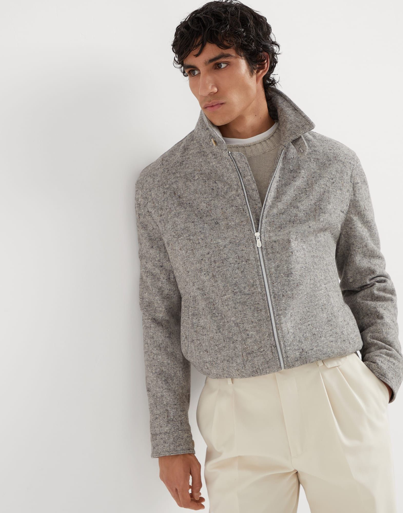 Brunello Cucinelli o1w1db10326 Silk Donegal Bomber Jacket in Grey Size US XL / EU 56 / 4 - 2 Thumbnail