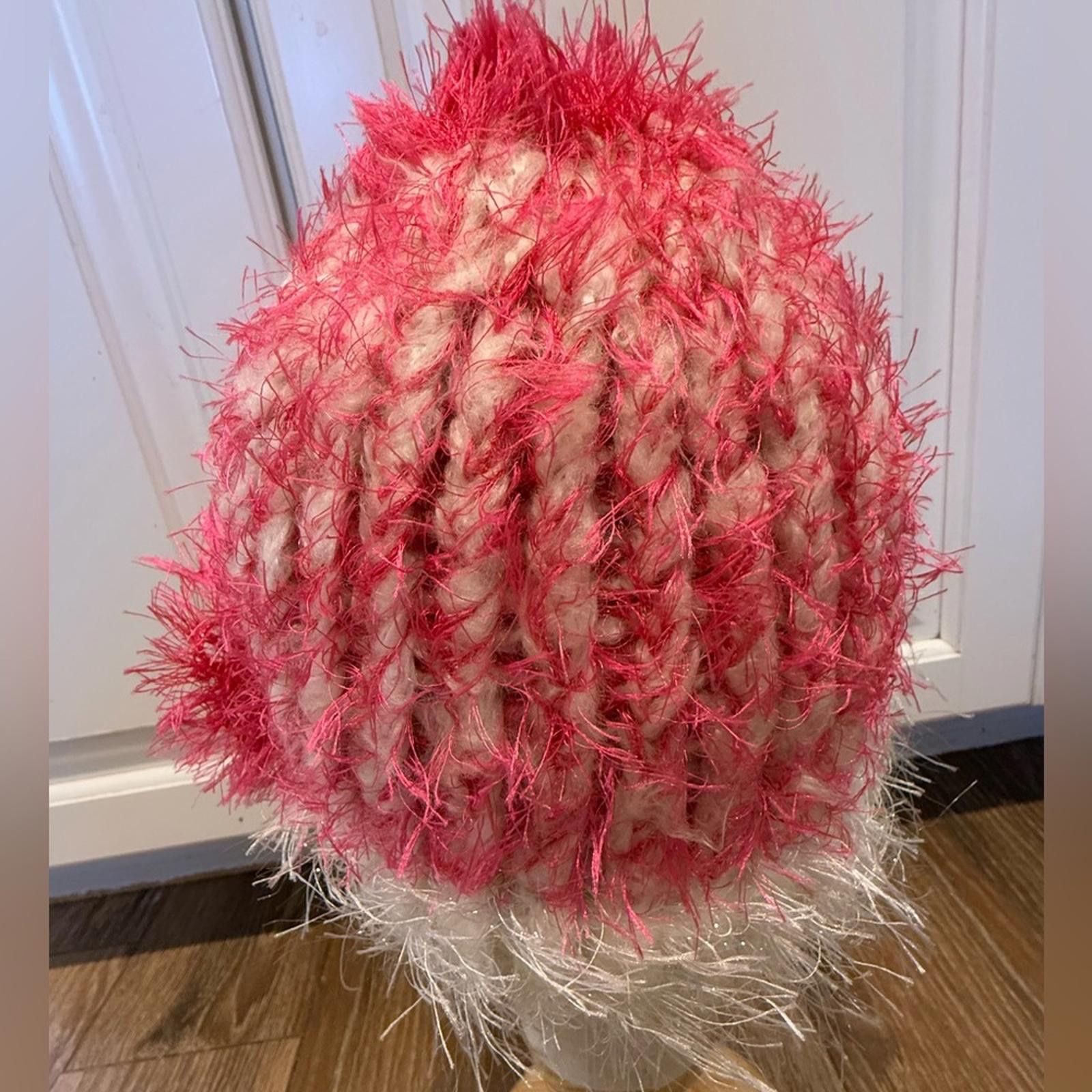 Other Pink & white metallic plush fringe knit winter beanie hat OS Size ONE SIZE - 3 Thumbnail