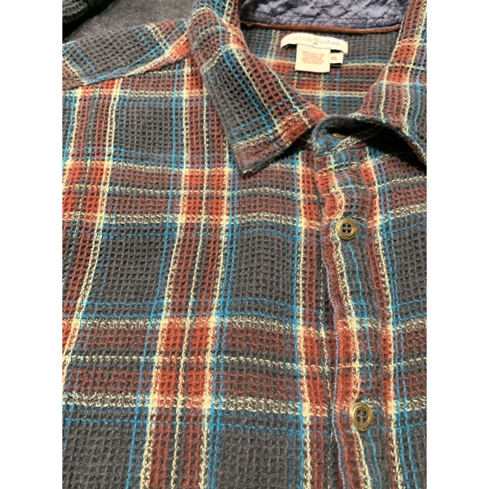 Carbon Carbon Plaid Waffle Knit Long Sleeve Button-Up Shirt XL Multicolor Mens Size US XL / EU 56 / 4 - 4 Thumbnail