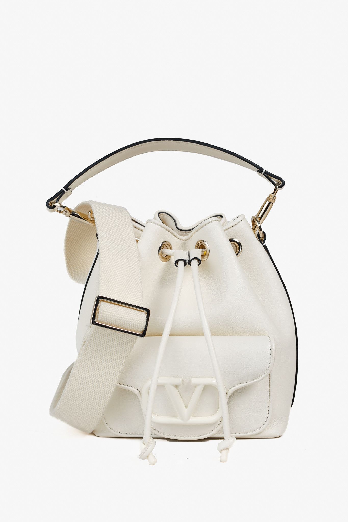 Valentino Garavani Ivory Off-White Loco Calfskin Bucket Bag