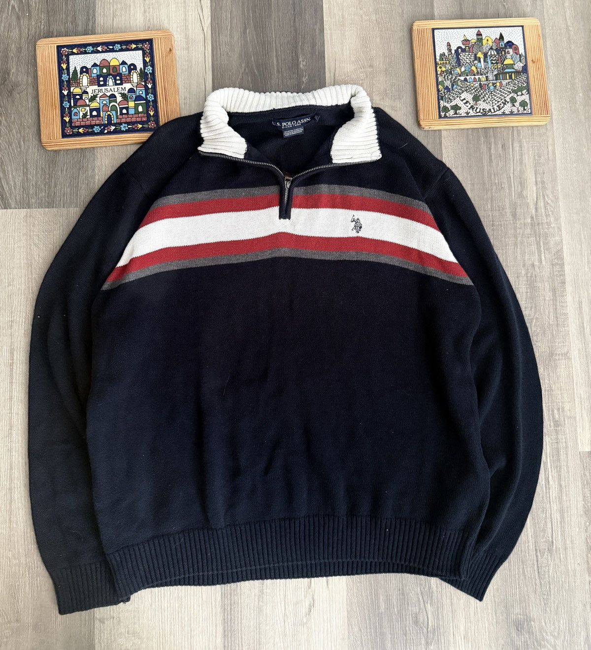 U.S. Polo Assn. × Vintage Us Polo Assn Navy Sweater Men 1/4 zip Pullover 90s Mock Neck Size US XXL / EU 58 / 5 - 2 Thumbnail