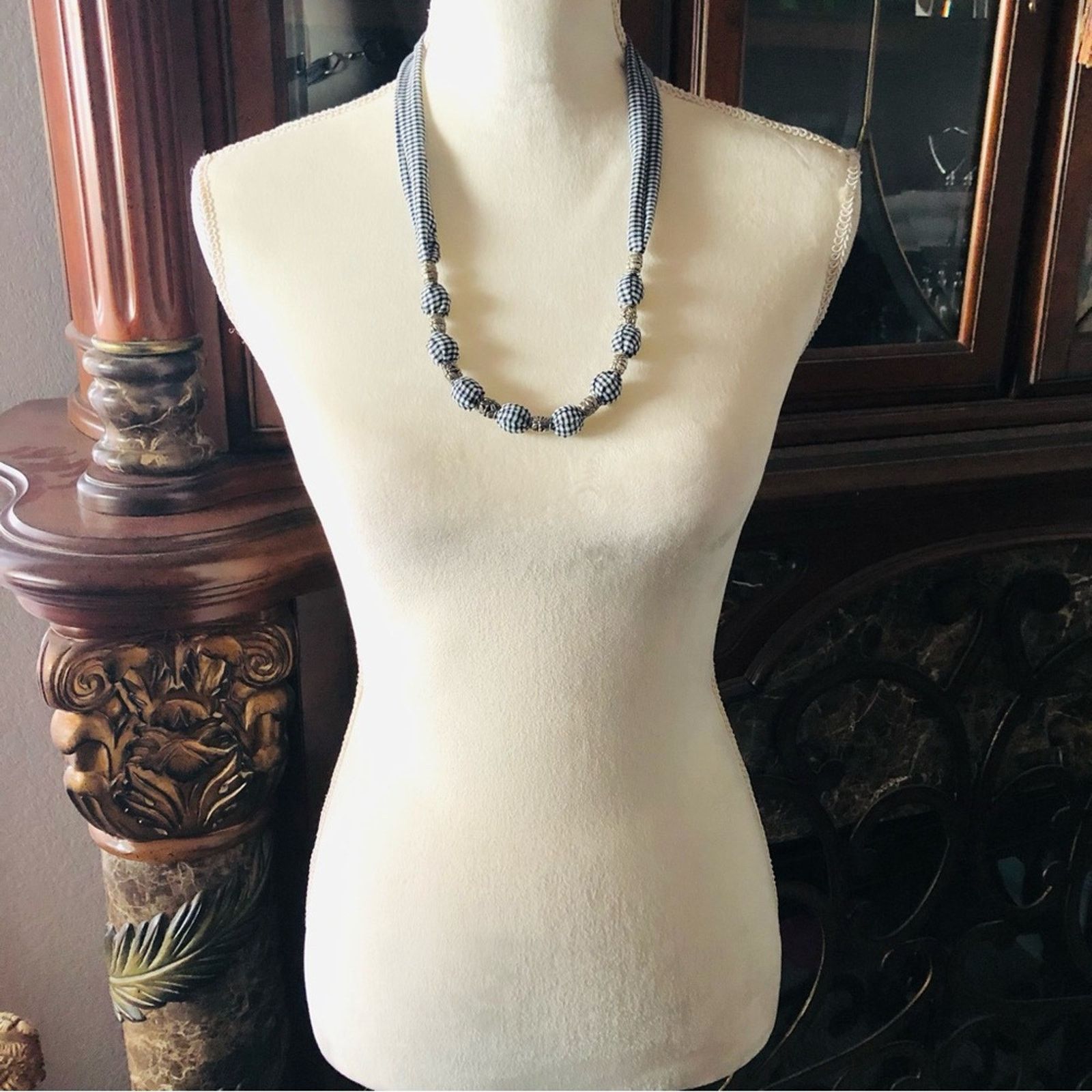 Handmade Country Girl black and white plaid fabric bead necklace Size ONE SIZE - 3 Thumbnail