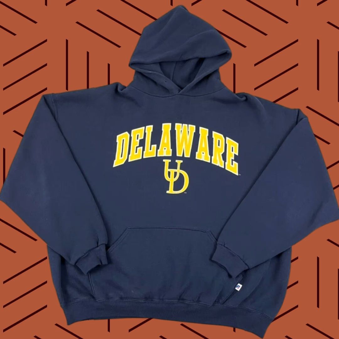 Russell Athletic VINTAGE University of Delaware UD Hoodie Mens XL/2XL Blue Russell Sweatshirt 90s Hoodie Mens XL/2XL Blue Russell Athletic University 90s Size US XL / EU 56 / 4 - 1 Thumbnail