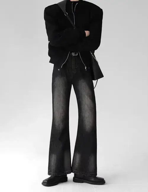 Smoky gray distressed micro-flared denim trousers
