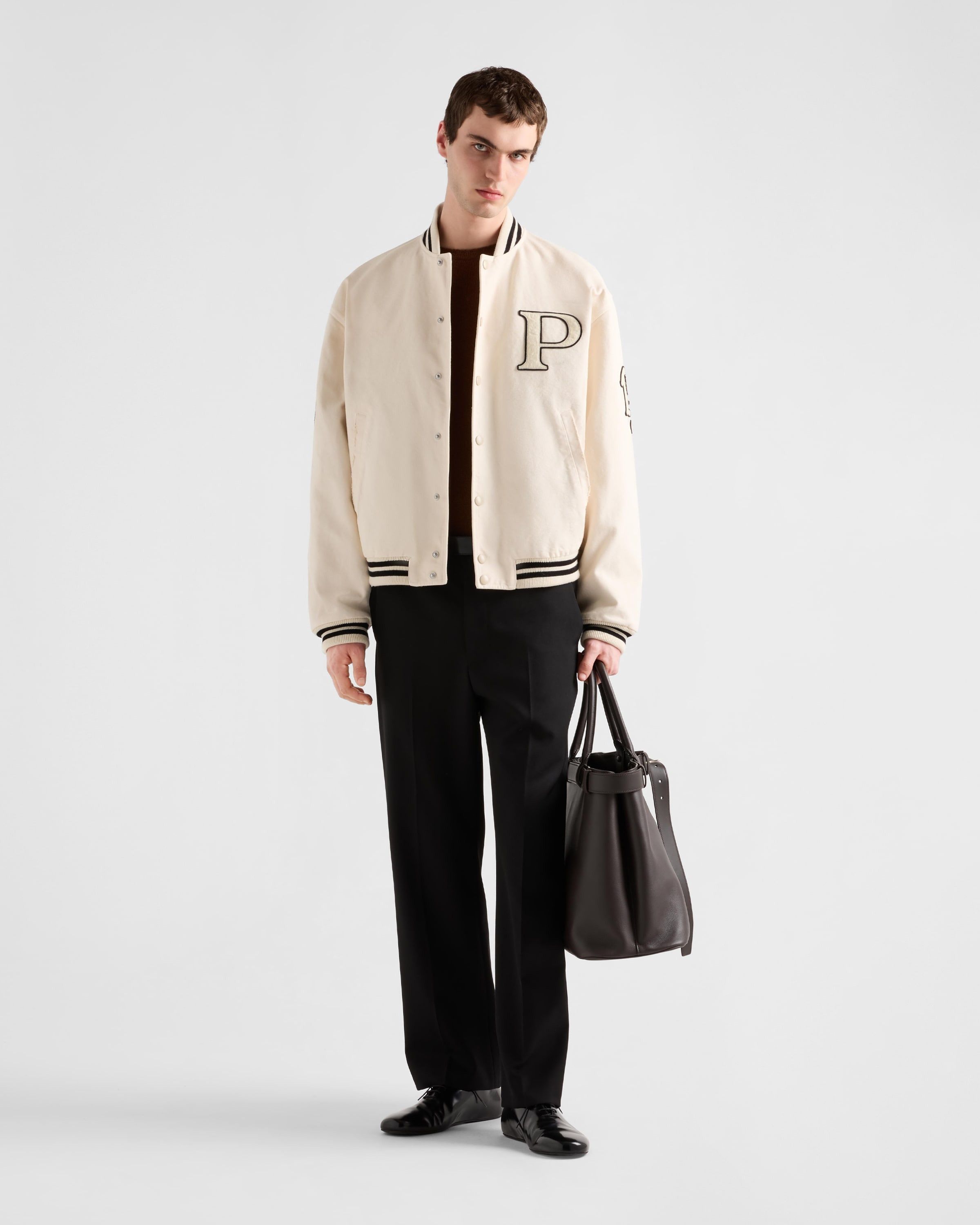 Prada o1la1rc1a0925 Cotton Bomber Jacket With Patch in Cream Size US L / EU 52-54 / 3 - 2 Thumbnail