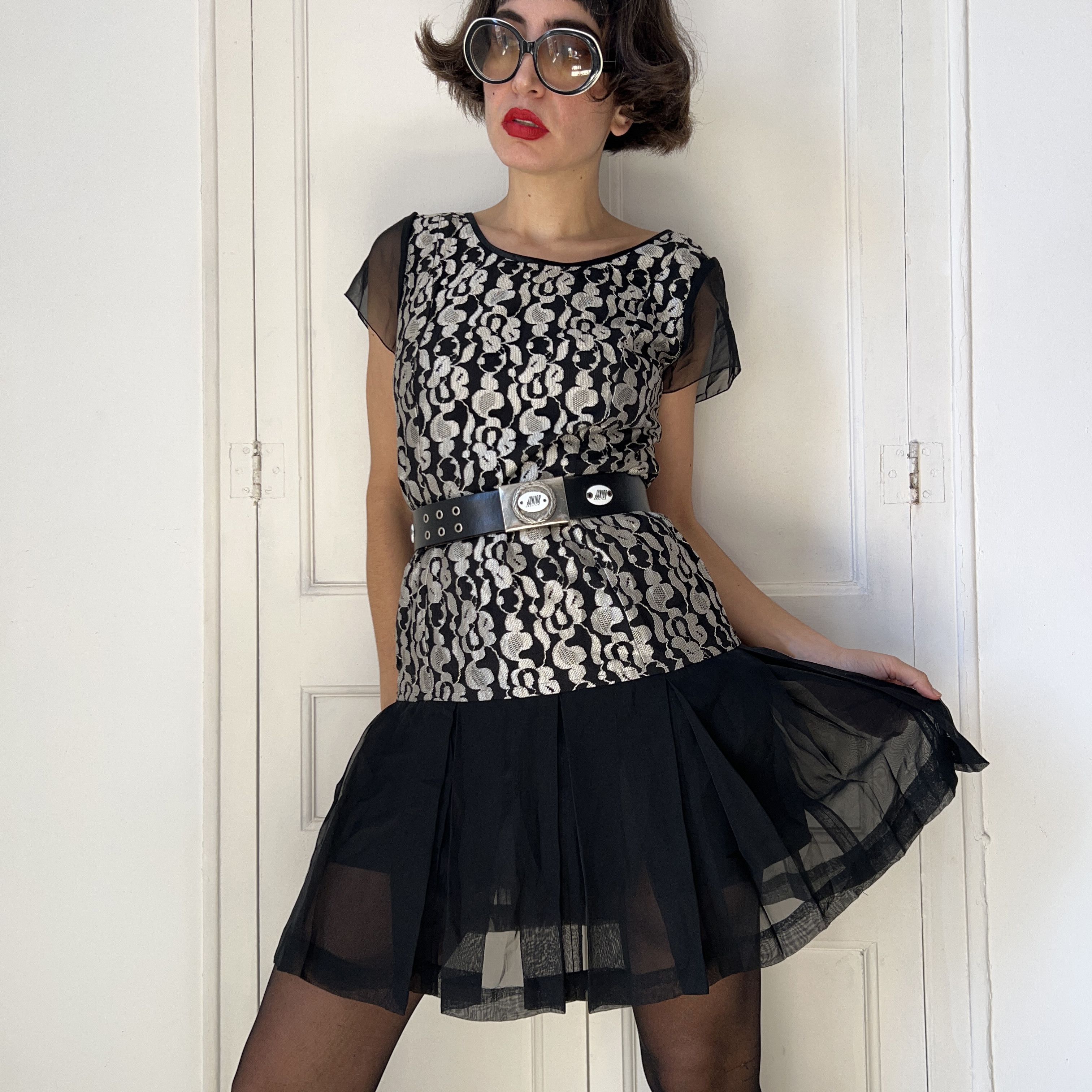 Vintage Vintage 90s Black Silver Lace Metallic Dress Size L / US 10 / IT 46 - 5 Thumbnail