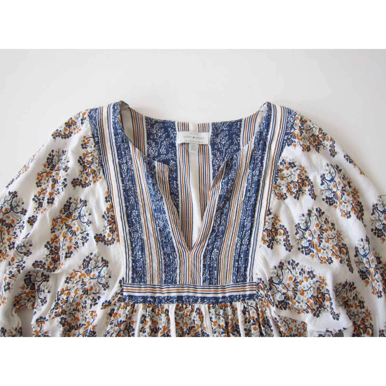 Lucky Brand Lucky Brand Blouse Tunic S Floral V-Neck 3/4 Sleeve Blue Ivory Peasant Rayon Shirt Women Size S / US 4 / IT 40 - 7 Thumbnail