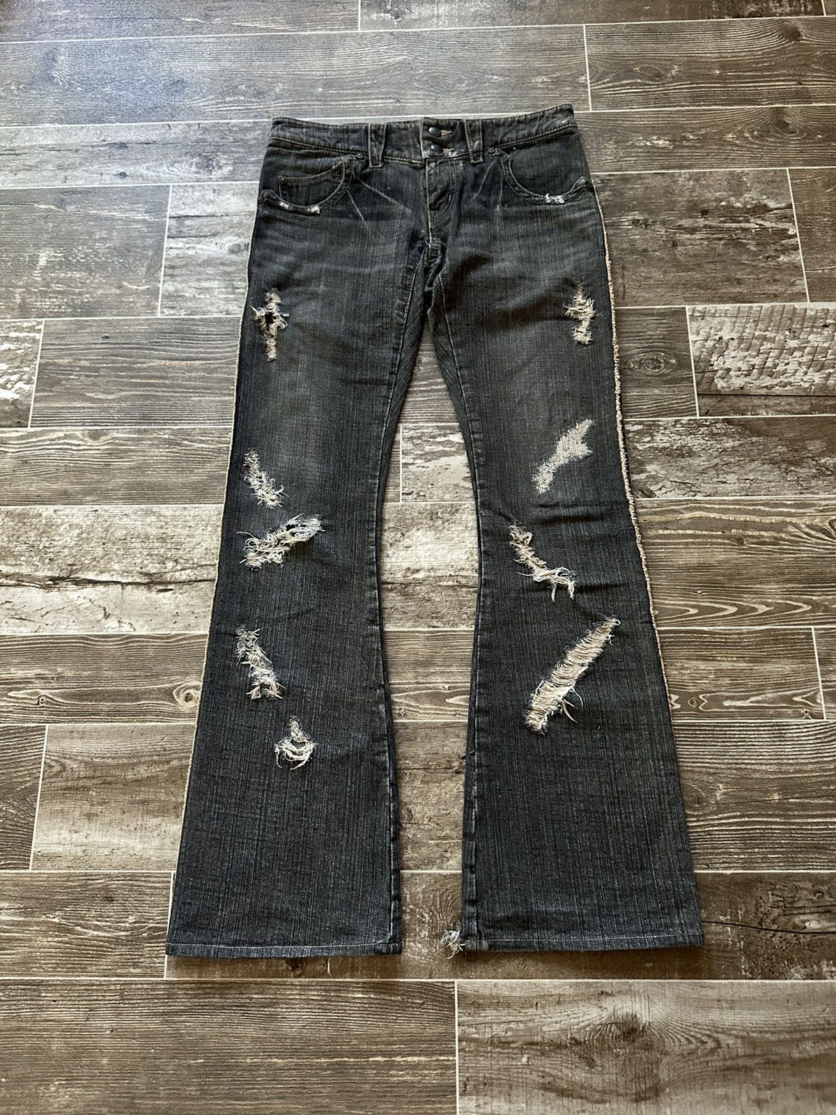 Obelisk 00s Obelisk Cow Leather Cut Off Flare Denim Pants | Grailed