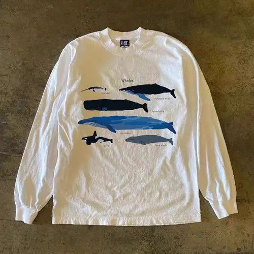 Japanese Brand White retro whale print long sleeve tee Size US L / EU 52-54 / 3 - 4 Thumbnail