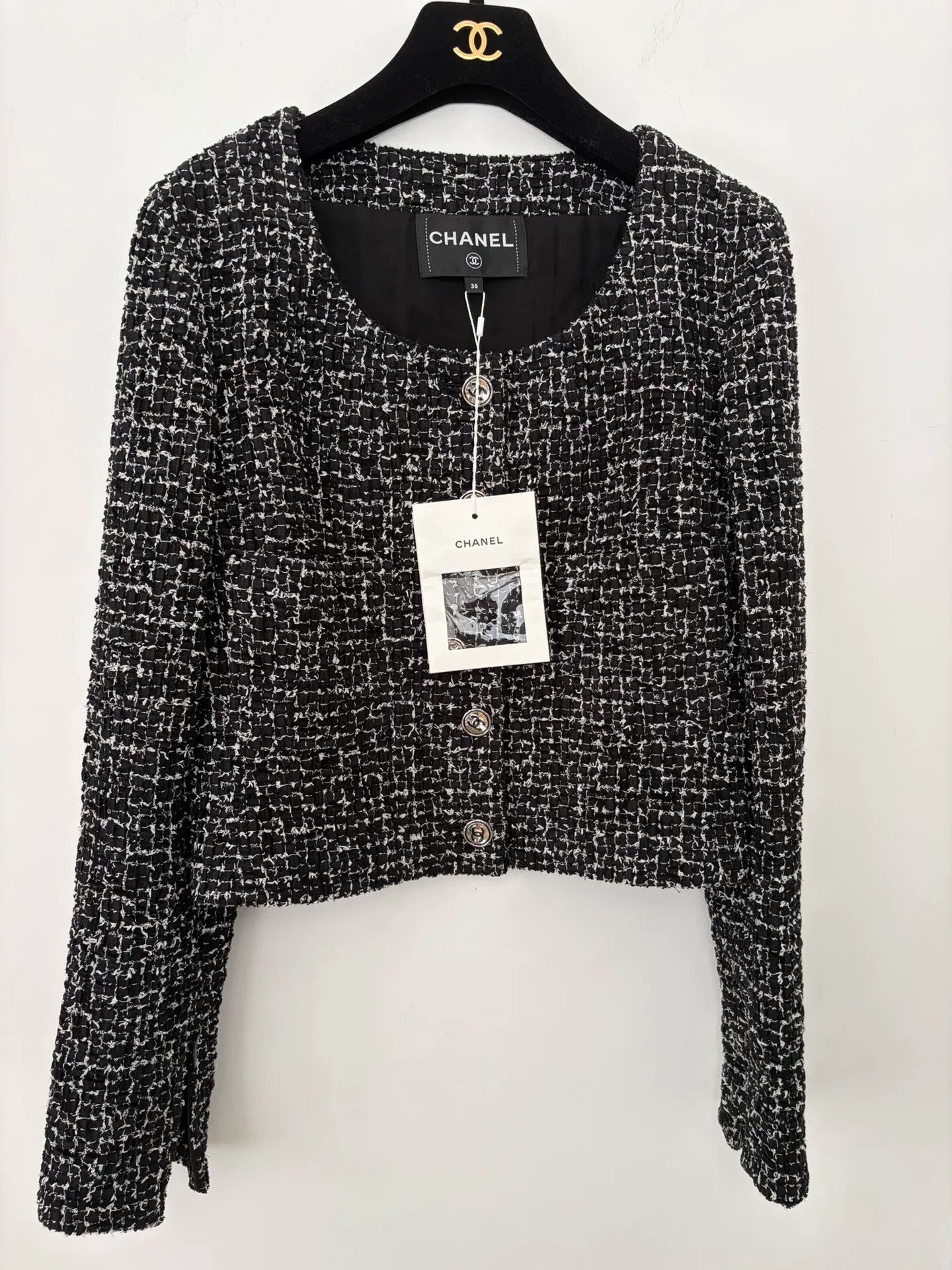 Chanel Black White Tweed Round Neck Jacket